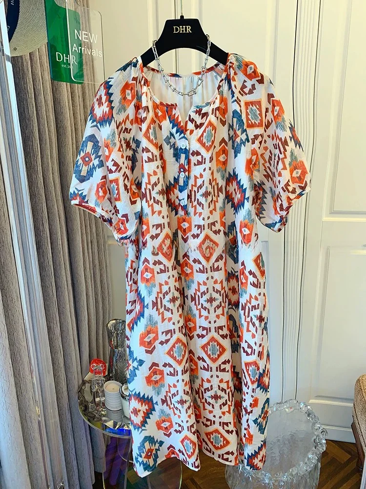 

plus Size Summer Vacation Style Midi Dress Half Open Collar Twist Silk Large Size Women's Clothing High Waist A-Line Skirt