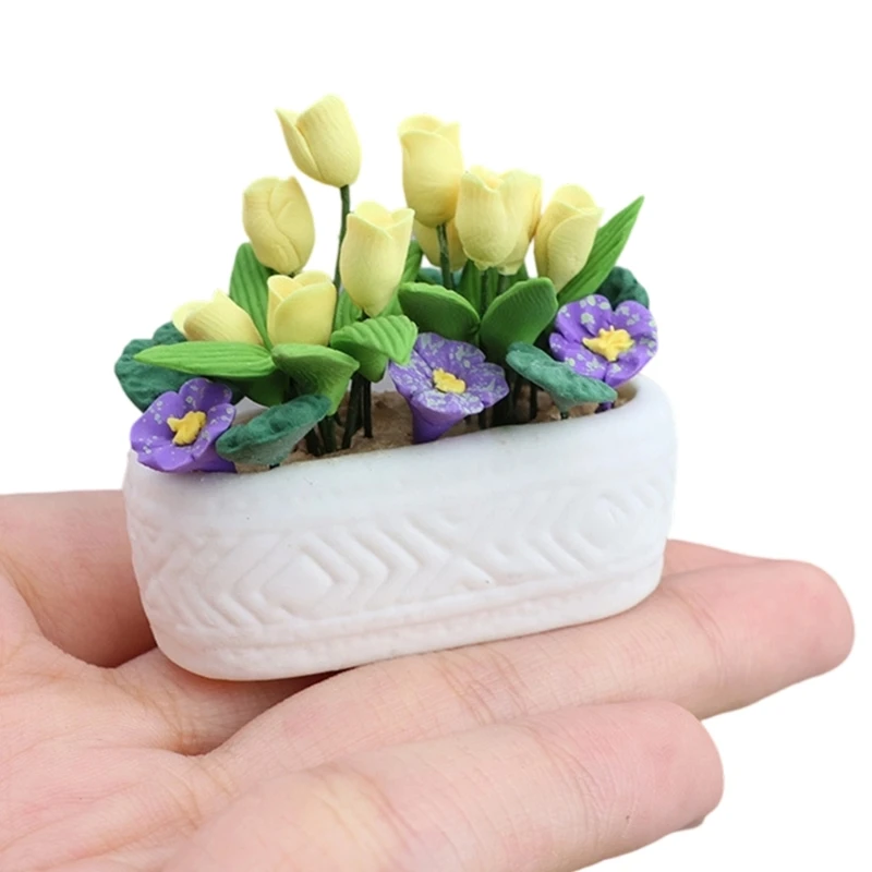 

Handcrafted Resin Tulips With Ceramic Planter For Dollhouses Accessories And Miniature Garden Scenery 1/12 Scale Design A2UB