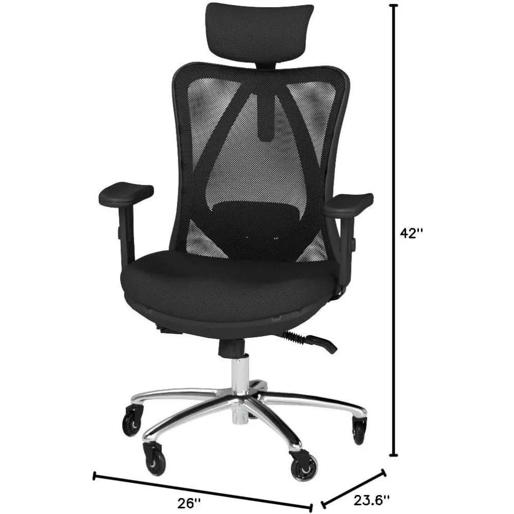 Cadeira ergonômica do escritório, cadeira de mesa ajustável com apoio lombar e rodas, encosto alto, malha respirável