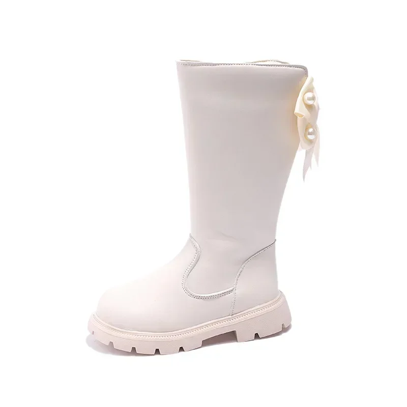 Bottes hauteur genou avec nœud pour enfants, chaussures princesse pour filles, haut étudiant, mode automne et hiver, nouveau, 2024