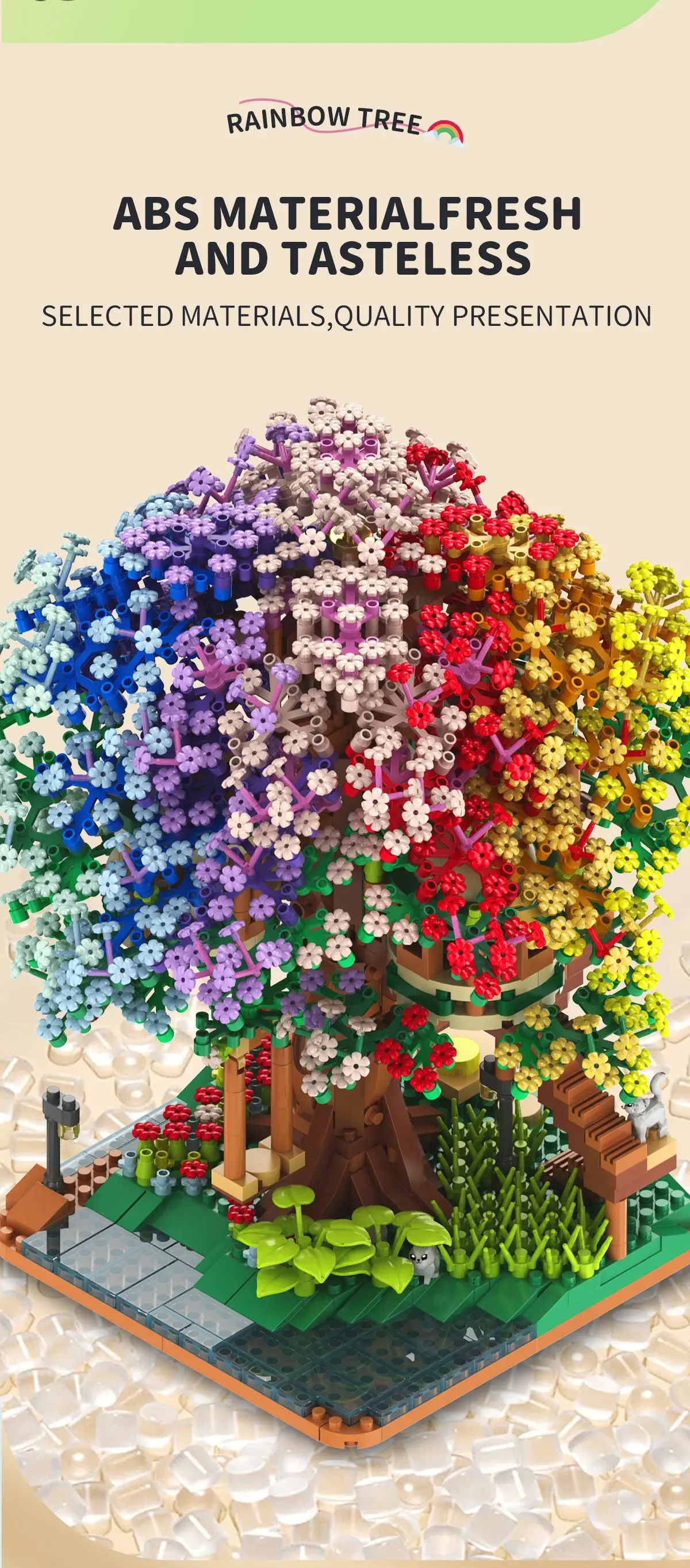 Baumhaus-Baustein-Set, Regenbogen-Sakura, Weihnachten, rote Kirschblüten, 3D-Modell, Mini-Bausteine, Figuren, Spielzeug für die Heimdekoration – Detail 20