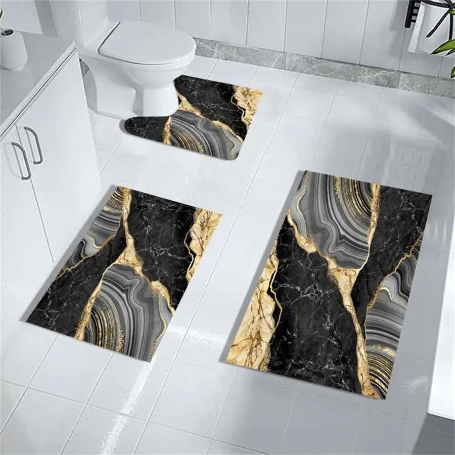 

Black and Gold Rug for Bathroom Decor,Black and Gold Bathroom Rugs Sets 3 Piece,Marble Decor Thin Rubber Diatomaceous Earth Quic