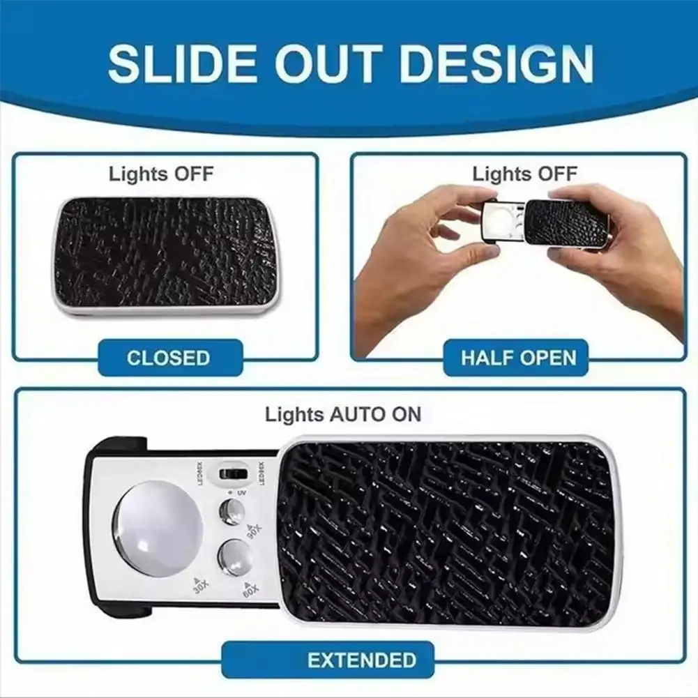

Slide-Out Jewelry Loupe Magnifiers 30X 60X 90X LED Lighted Magnifying Glass with UV Light For Jewelry Diamonds Stamps J8T8