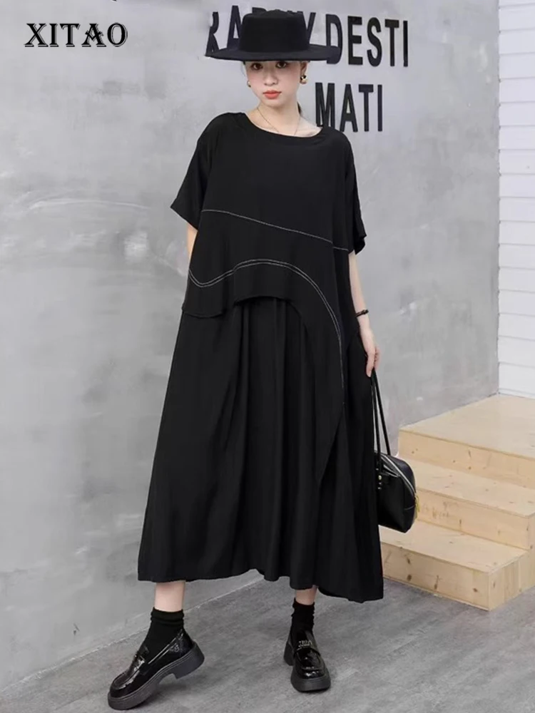 

XITAO A-line O-neck Vintage Dress Solid Color Patchwork Short Sleeve All-match Pullover Personality Summer Woman Dress ZMY1380