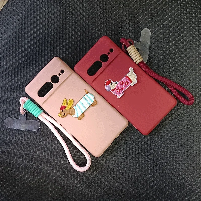

For Google Pixel 6 7 8 Pro Case Cartoon Dog with Lanyard Liquid Silicone Phone Cases Pixel7a Back Cover Pixel8a 6a Funda Coque