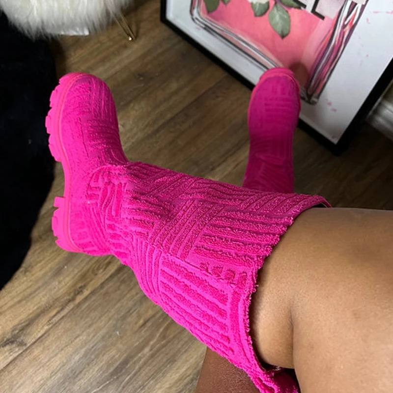 Chic Women Long Boots Brand Design Terry Cloth Knee-high Booties Ladies Thick Sole Pink Green Botas Tone To Tone