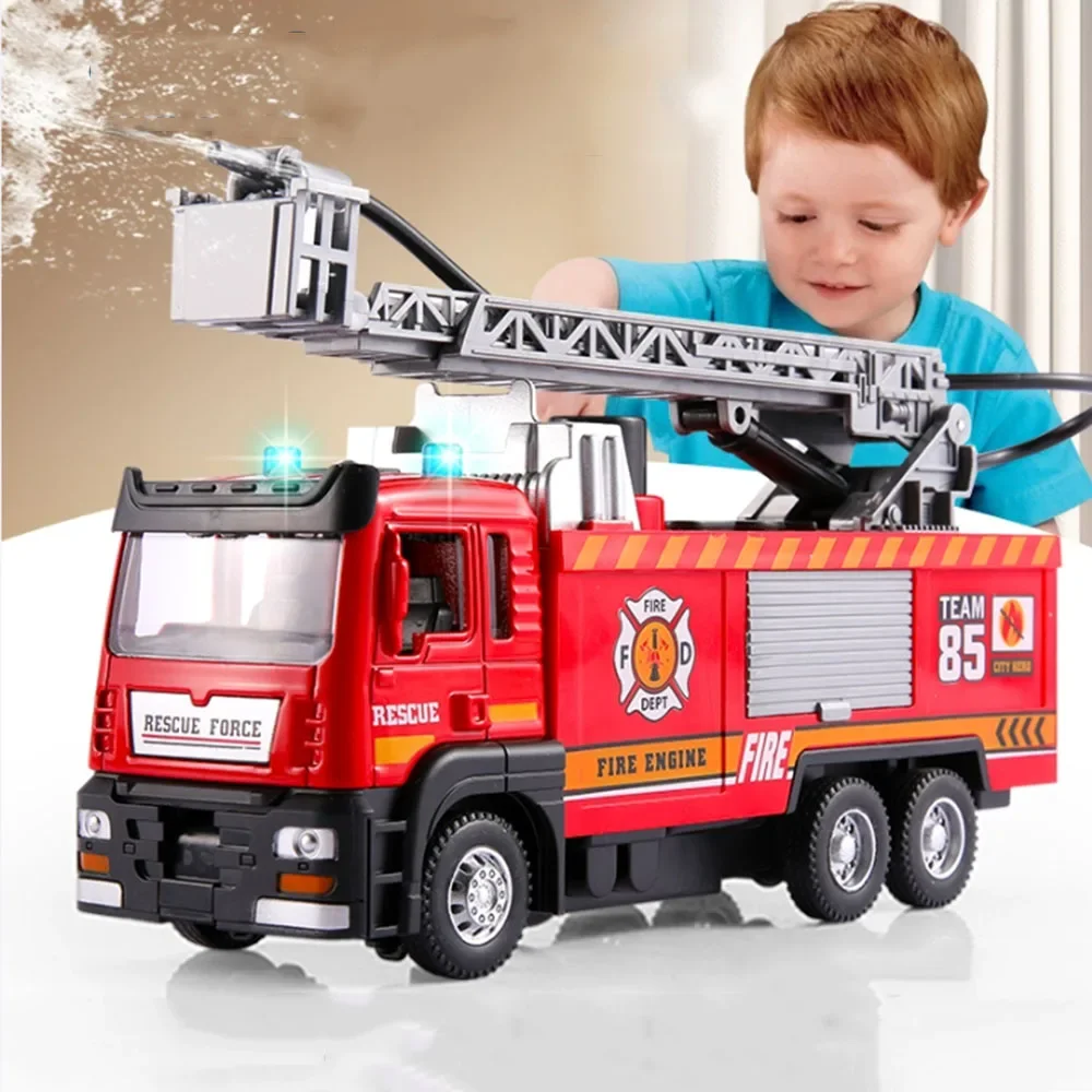 1:32 Ladder Truck Alloy Model Car Toys Fire Engine Alloy Body with Sound Light Pull Back Miniature Vehices Children's Toy Gifts