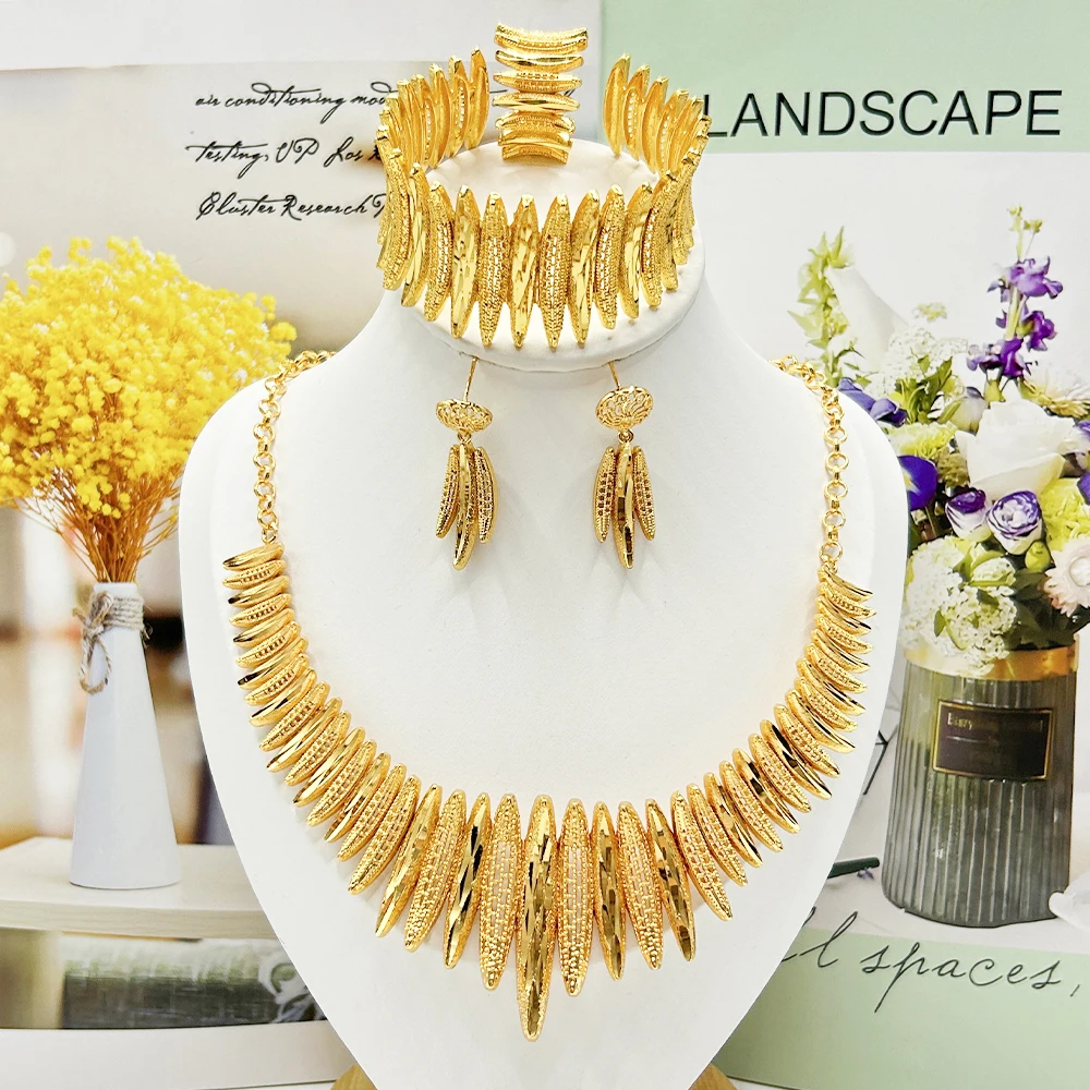 

Middle East Cuff Bangles Clip Earrings Jewelry Gold Color Set for Women Bracelet with Rings Fashion Jewelry Necklace African Set