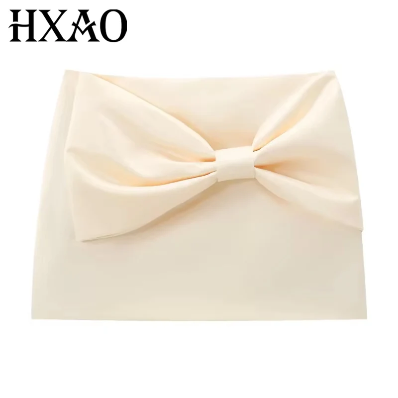 

HXAO Юбка 2024, короткие юбки с бантом для женщин, сказочная летняя атласная женская юбка, милые плиссированные однотонные юбки, элегантные праздничные юбки