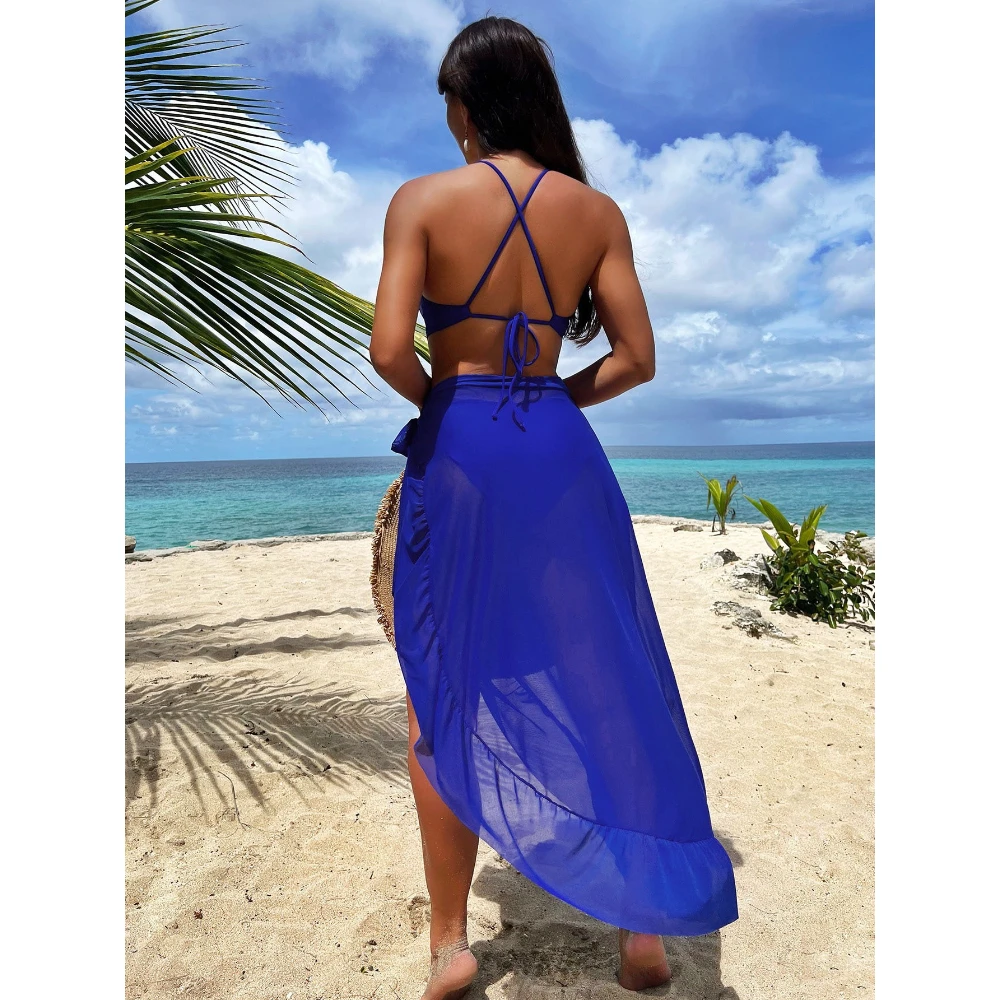 Women 2‑Piece One‑Piece Cut‑Out Swimsuit Pearl Halter Monokini With Mesh Long Sarong Cover‑Up Beach Bathing Suit Swimwear Set