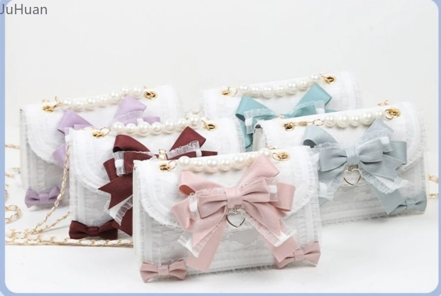 

Sweet Lolita Shoulder Messenger Bags Women's New Japanese Soft Girl Fashion Versatile Handbag Bow Lace Pearl JK Bags for Ladies