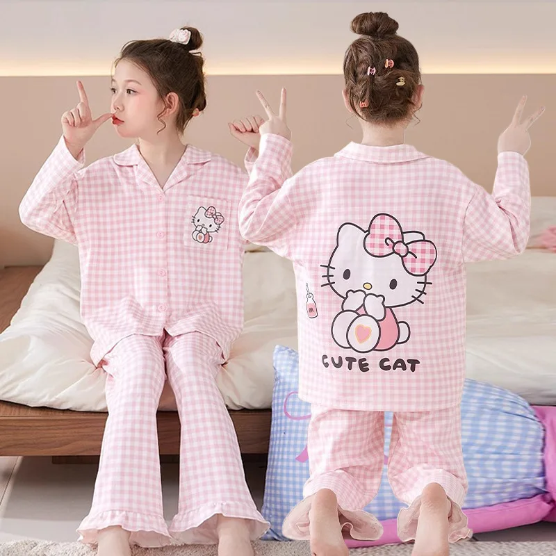 

Детский пижамный комплект Hello Kitty для девочек и мальчиков, весенне-осенний комплект Sanrio Kuromi с длинными рукавами и длинными брюками, удобная домашняя одежда для подростков, пижамы