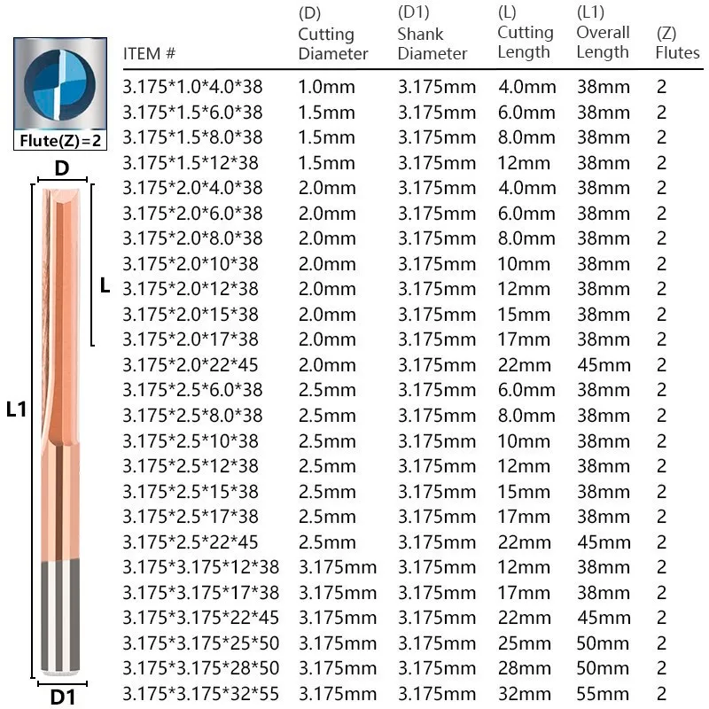 XCAN-fresa recta de 3.175-12mm, broca de fresado de 2 flautas, fresa de extremo de carburo recubierto de TiCN, herramienta de fresado de broca