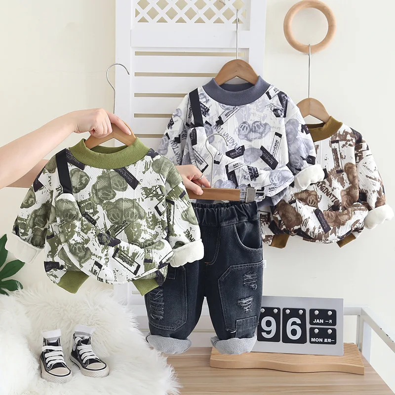 

Boys Clothes Sets Autumn Winter Children Thick Velvet Sweatshirts Denim Pants 2pcs Warm Suit For Baby Tracksuits Kids Outfits 5Y