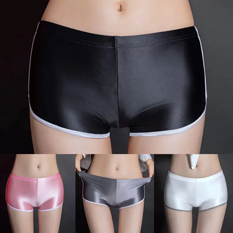 New Seamless Womens Oil Shiny Boyshort Sexy Glossy Underwear Stretch Panties Female Briefs Smooth Lady\'s Pink Boxer Shorts Nylon