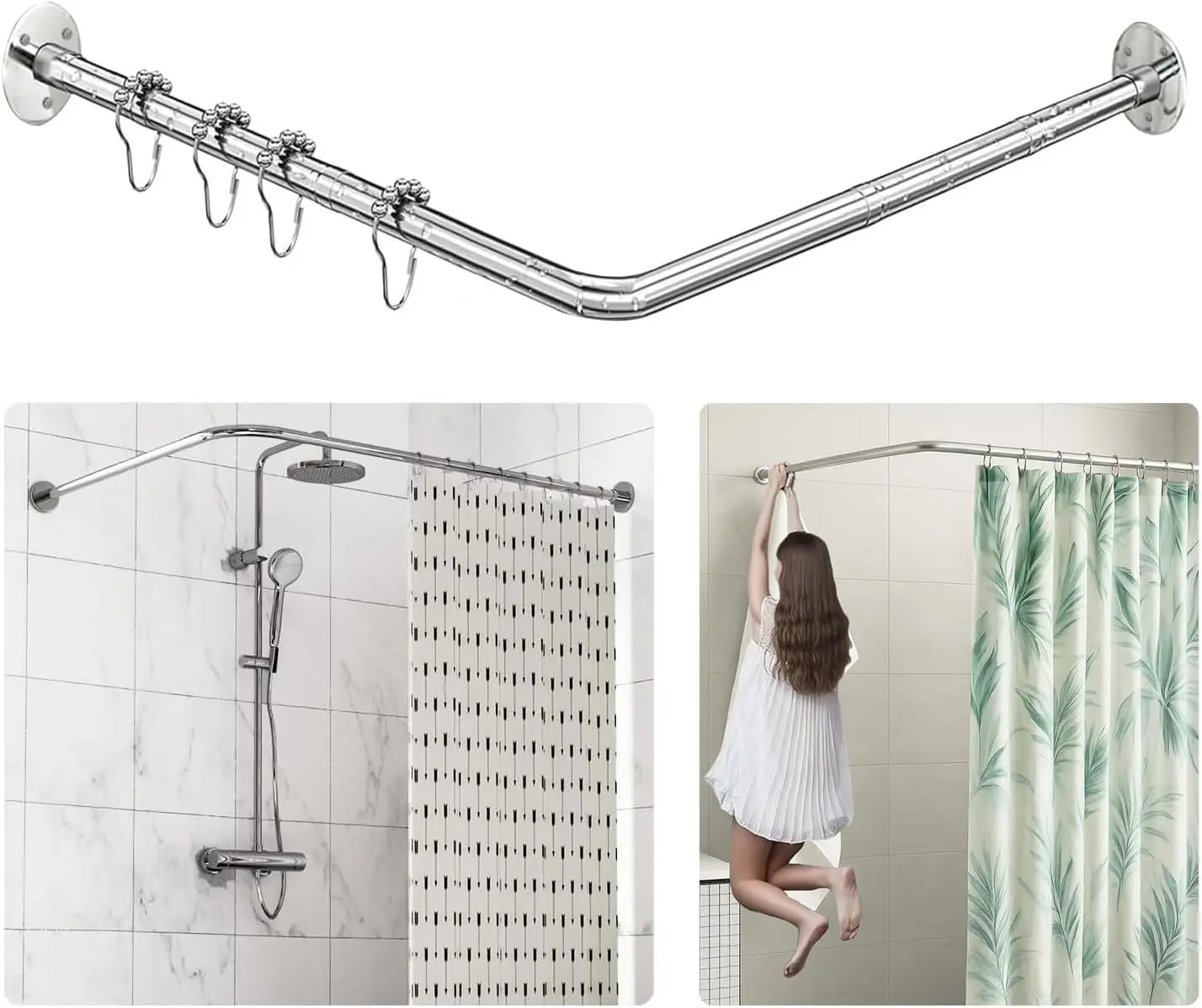 L-Shaped Corner Shower Rod, 304 Stainless Steel, Adjustable 23.6"-52.4", Drill-Free, 12 Rings