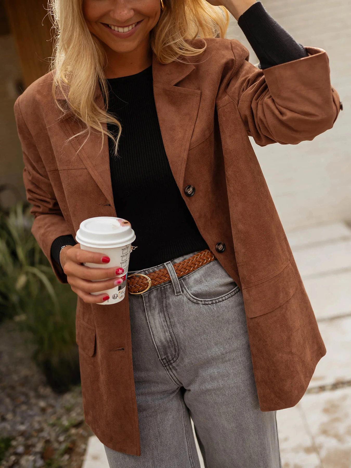 

Женское замшевое свободное пальто, элегантный осенне-зимний пиджак на пуговицах, однотонный узор, средней толщины ткани, свободный крой