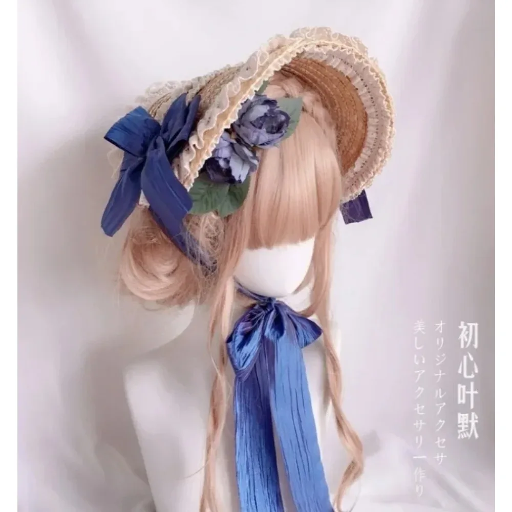Women Vintage Victorian Lolita Flat Bonnet Cap Handmade Princess Lace Flower Sweet Straw Hat Girls Gorgeous Elegant Headwear