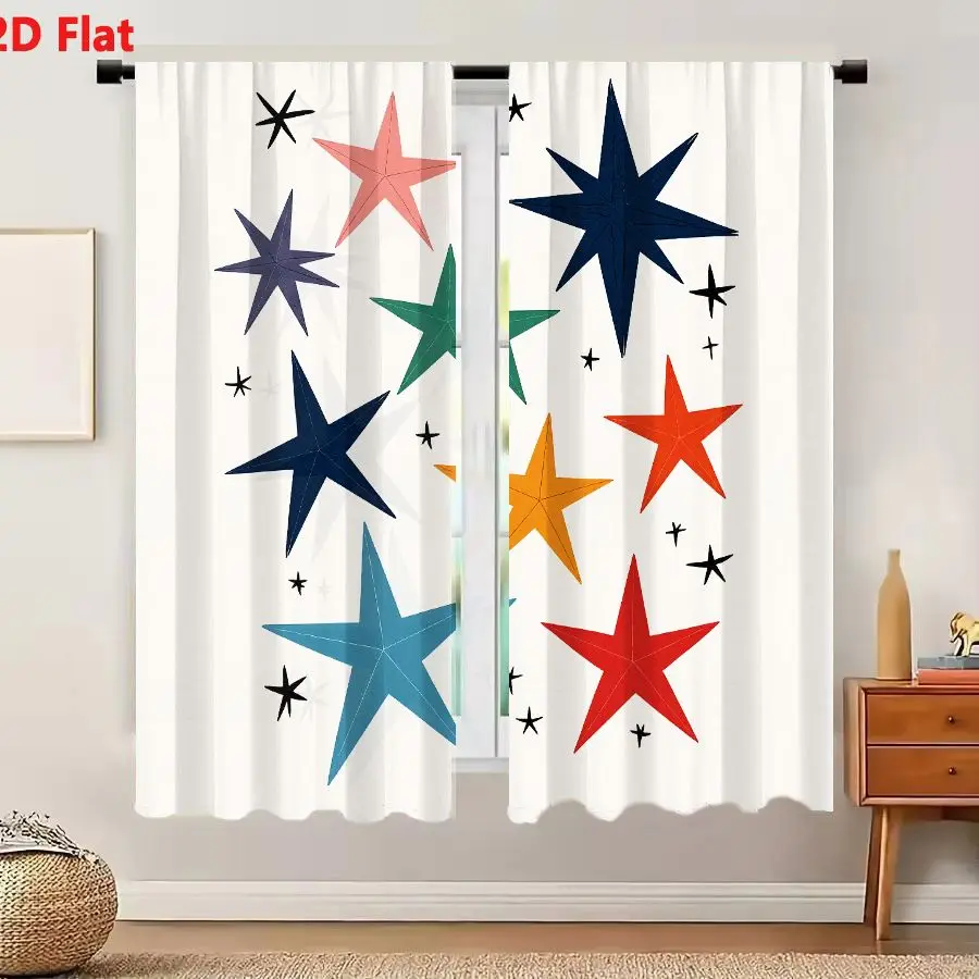2Pcs Curtains 2D Flat Colorful Multi-Point Star Collection With Small Black Accents On Off White Background Window Drapes for Be