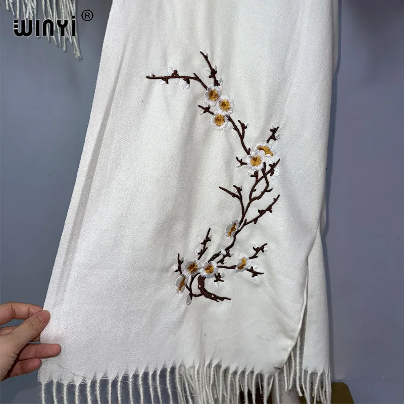 2023 WINYI Winter Women tassel Pashmina Embroidery Long Coat Loose Lapel OverCoat Thick Warm free size Middle East Female KIMONO