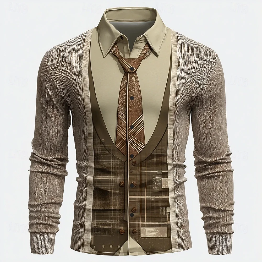 

plus Size Casual Long Sleeve Shirt 2025 Fashion Tie Vest Pattern Printed Outdoor Comfortable Fabric Lapel Button Style