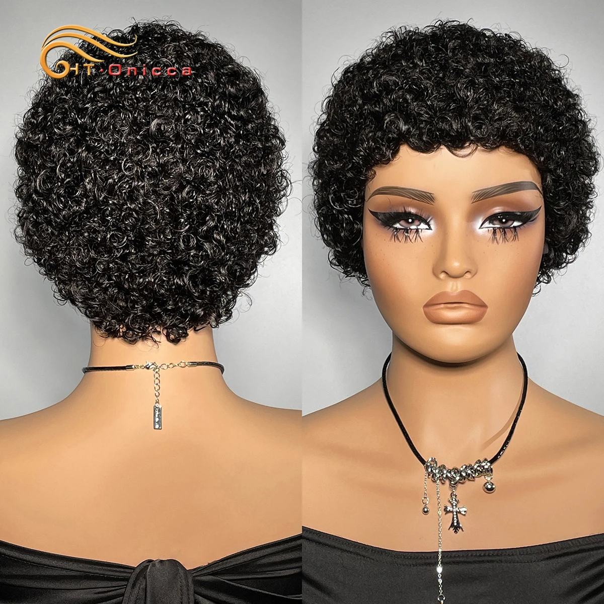 Honey Blonde Colored Kinky Curly Human Hair Wig Color 27 99J Machine Made Pixie Cut Wigs 100% Human Hair Wigs For Women