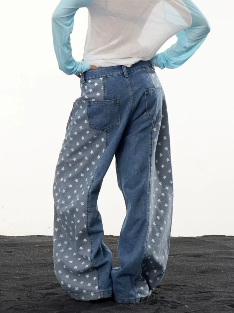 2026 American Retro Y2K Style Contrast Color Washed Blue Baggy Women's Jeans Pants Woman Clothing Wide Leg Gothic Denim Trousers