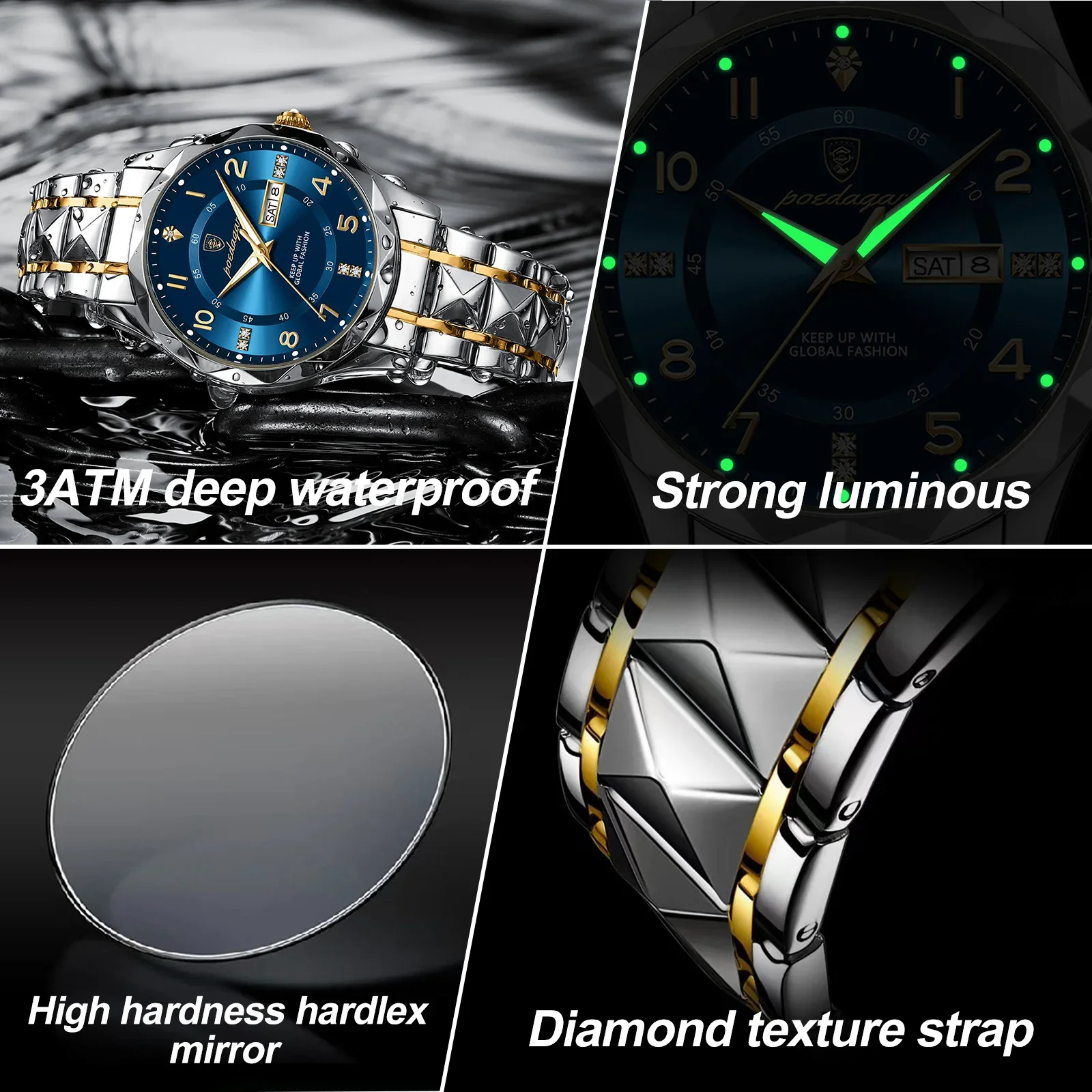 POEDAGAR Luxury Man Wristwatch Waterproof Luminous Date Week Men Watch Sport Stainless Steel Quartz Men\'s Watches Male reloj+box