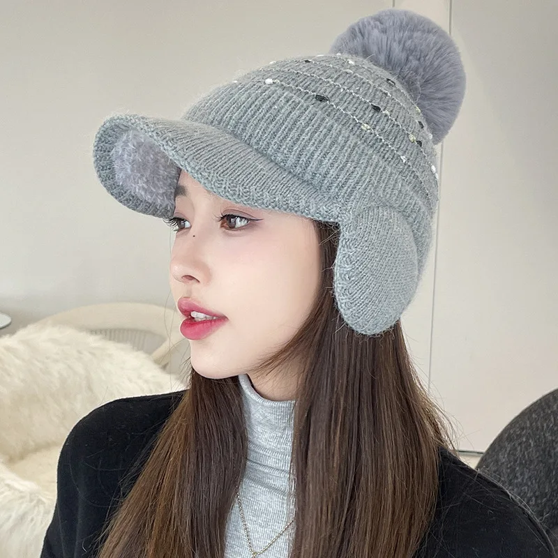 Korean Version of Light Luxury Rabbit Hair Warm Baseball Cap Women's Fleece Ear Protector Knitted Cap Pullover Wool Hat