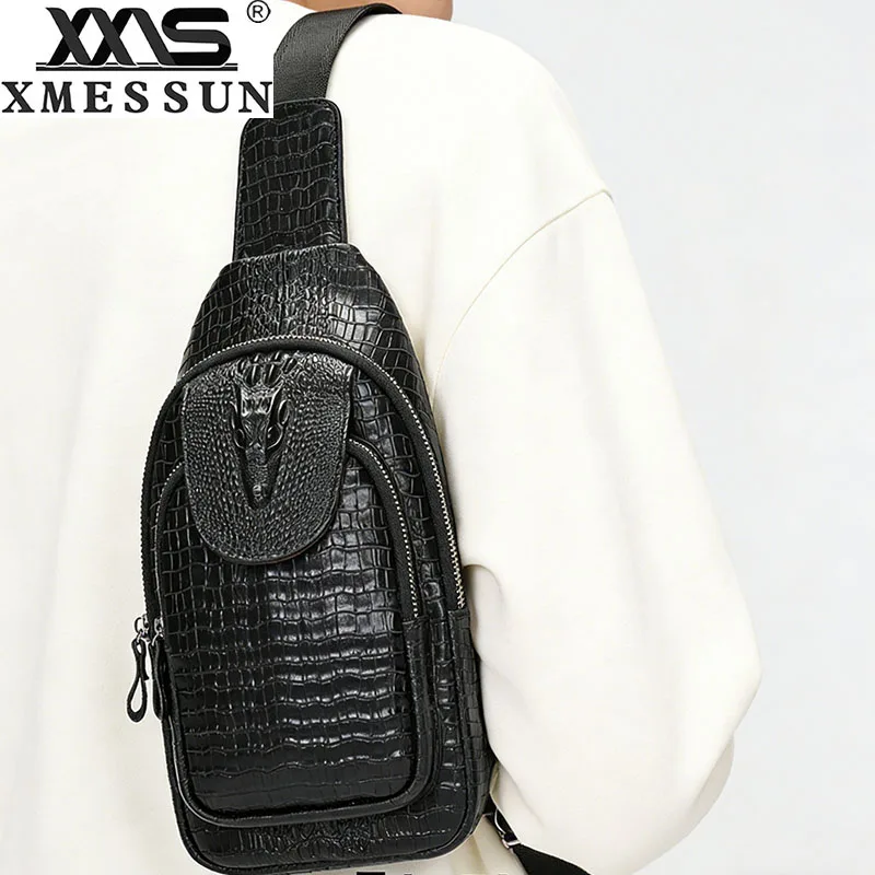 New Trendy Genuine Leather Chest Bag for Men,Fashion Designer Women Vintage Crocodile Pattern Casual Shoulder Crossbody Bag ins