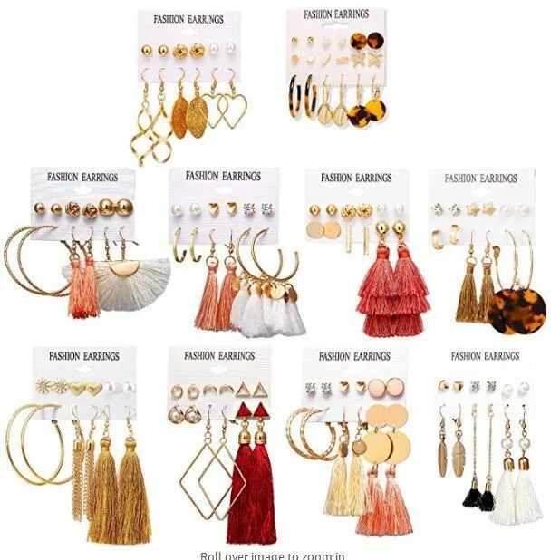 1Set Hot Selling Bohemian Style Moon Triangle Tassel Earring Set with Six Pairs of Retro Holiday Party Trendy Earrings for Women