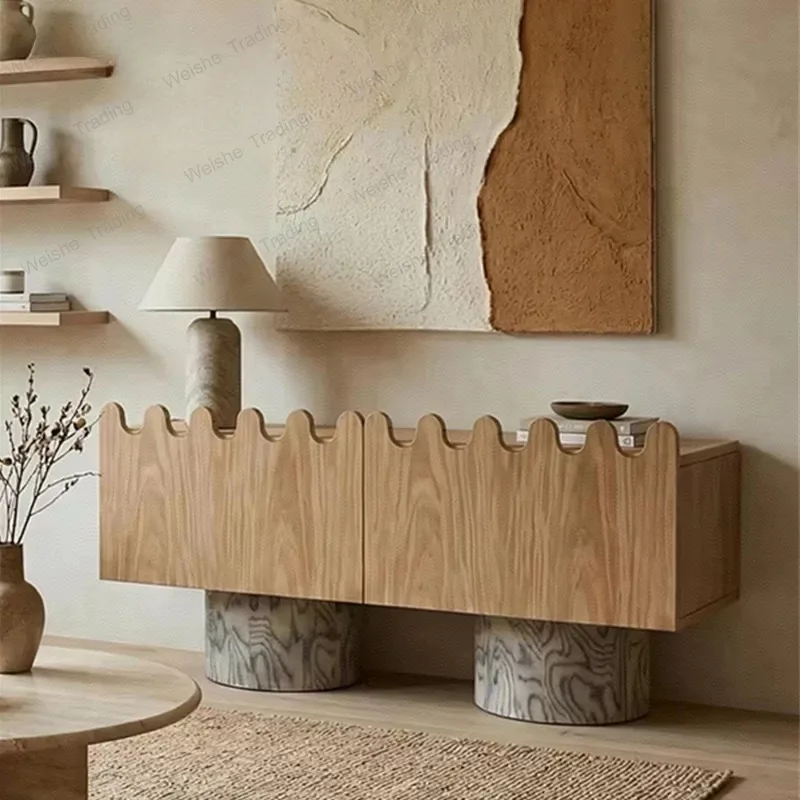 

Medieval Creative Solid Wood Wave Pattern Home Side Cabinet Modern Storage TV Cabinet