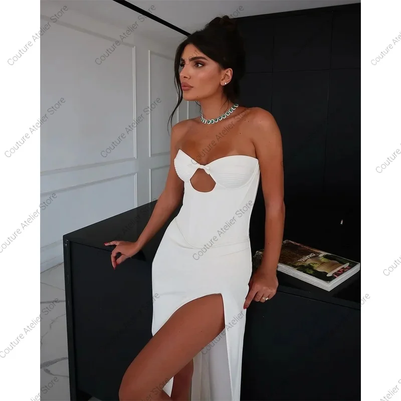 فستان زفاف أبيض حديث للنساء حورية البحر بفتحة عالية الساق بدون حمالات فساتين حفلات مشد من الساتان رداء De Mariée مخصص #2