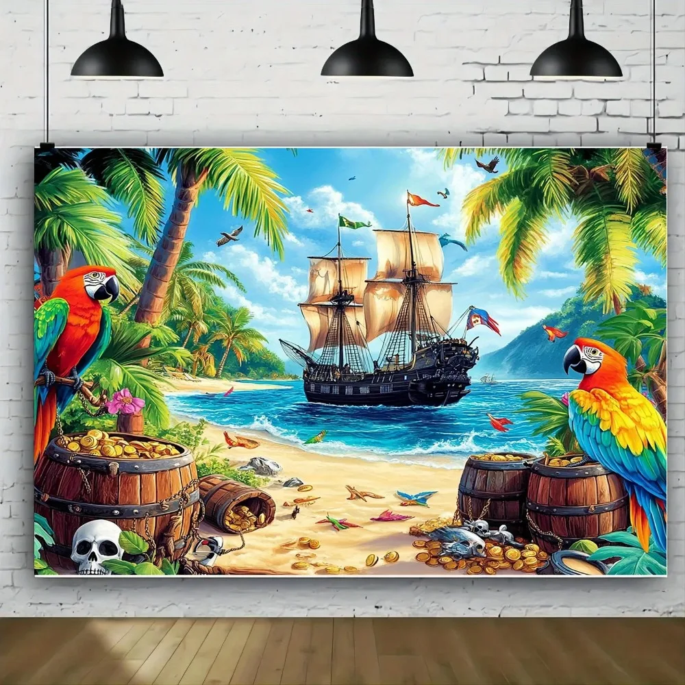 Pirate Ship Parrot Gold Coin Docking Style Party Background, Adult and Children's Birthday Party Decoration Photography Backdrop