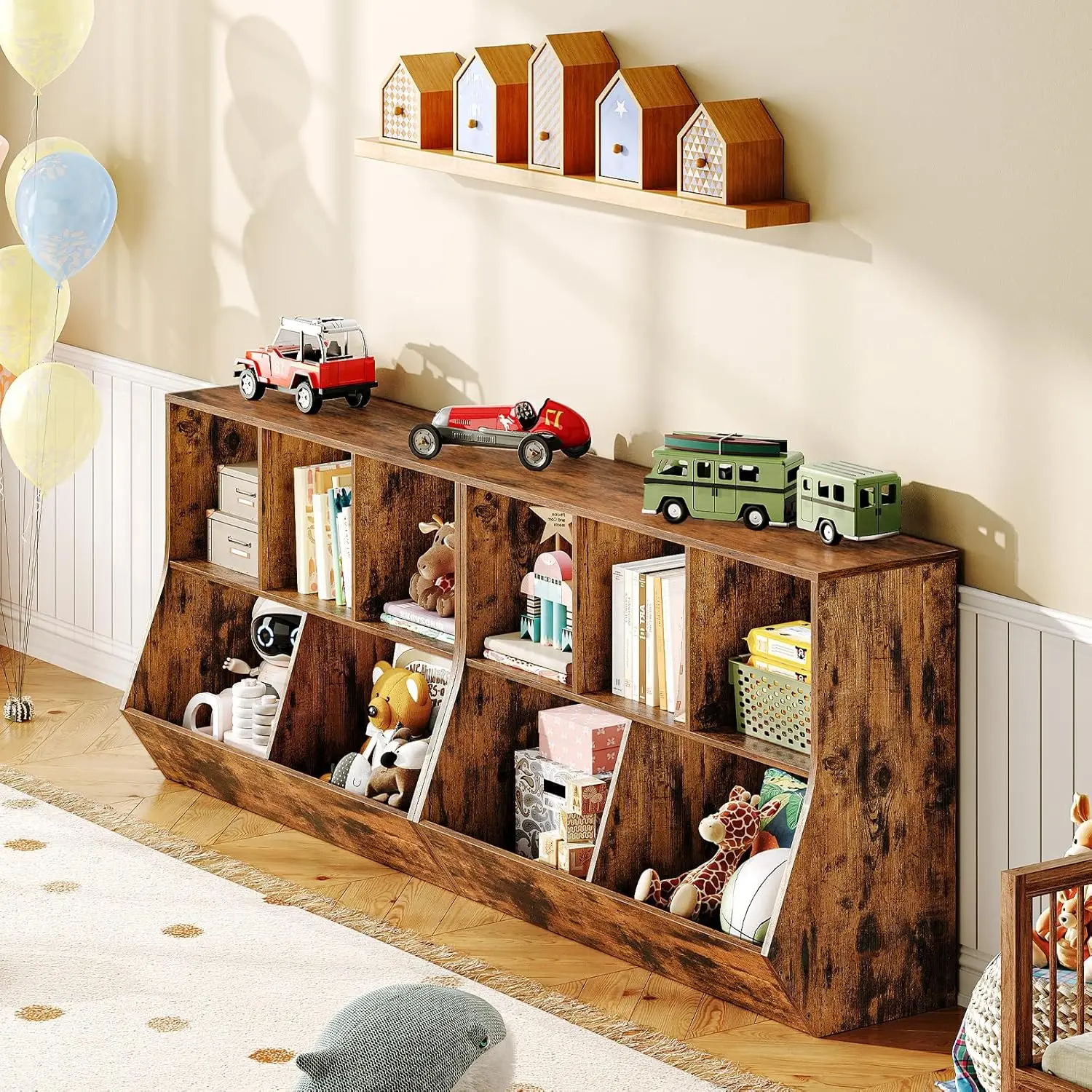 Kids Bookshelf with Toy Storage, 3 Open Compartments & 2 Tiltable Bins, Rustic Brown for Children's Room