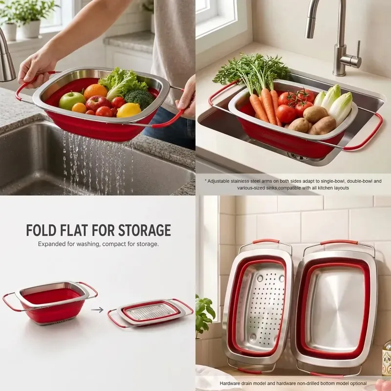 Food Grade Kitchen Vegetables Fruits Silicone Stainless Steel Sink Foldable Filter Pot with Retractable Handle