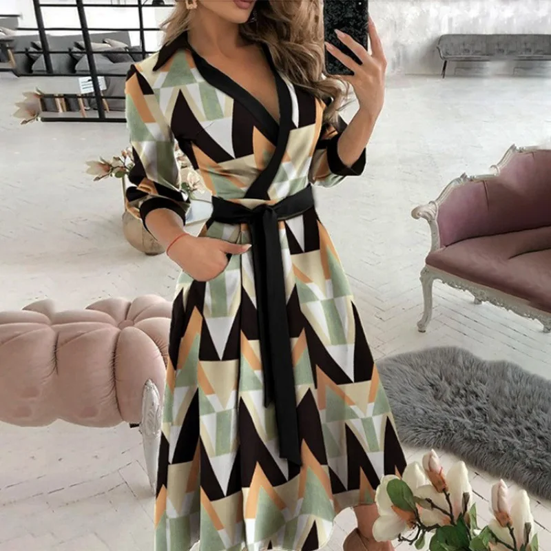 

Women's Midi Dress Autumn New Printed Plaid Lapel Dress Elegant Strappy Irregular Strappy Dress