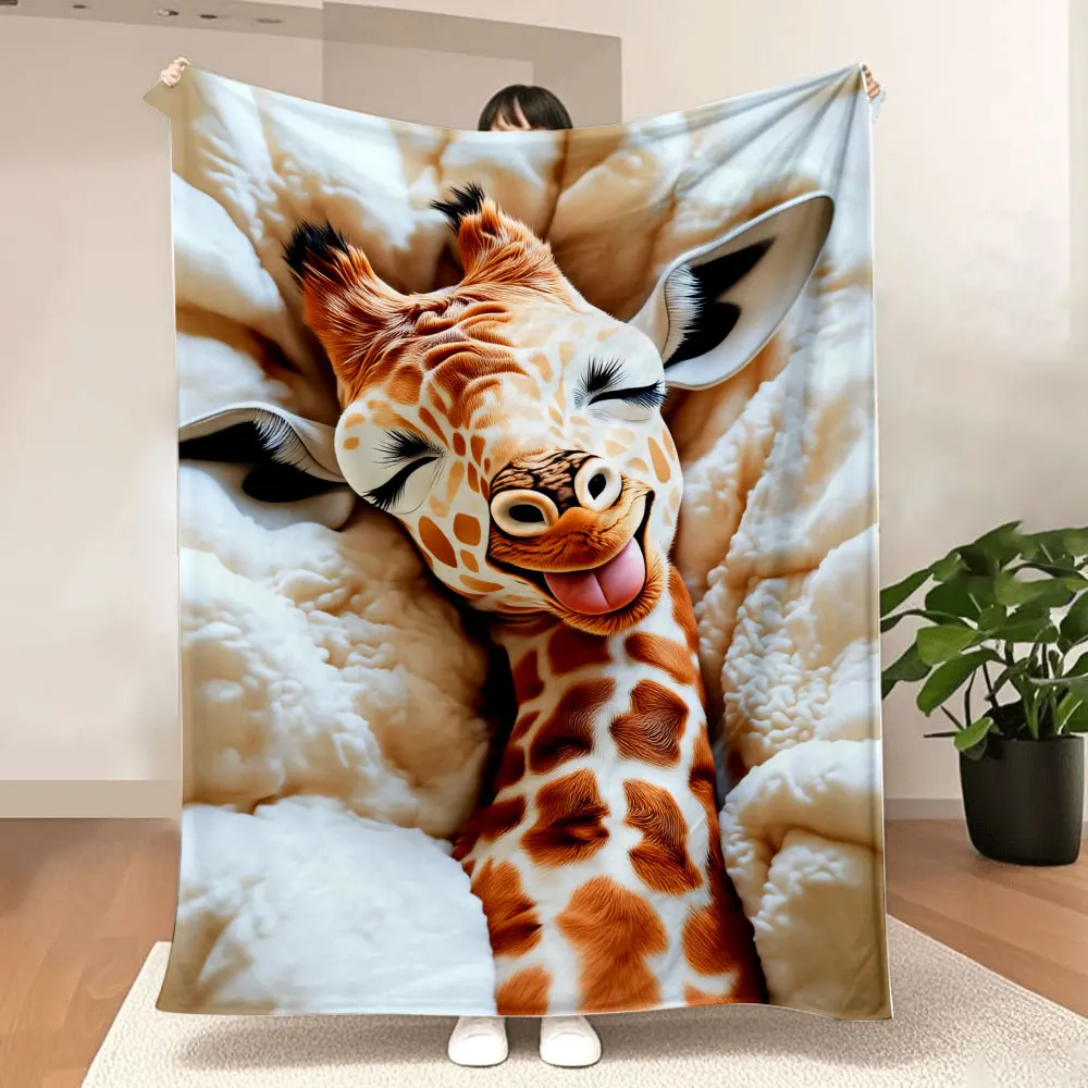 Cute Cartoon Baby Giraffe Printed Quilted Blanket - Fluffy White Cozy Throw with Rounded Puffy Folds, Perfect for Warm & Comfort