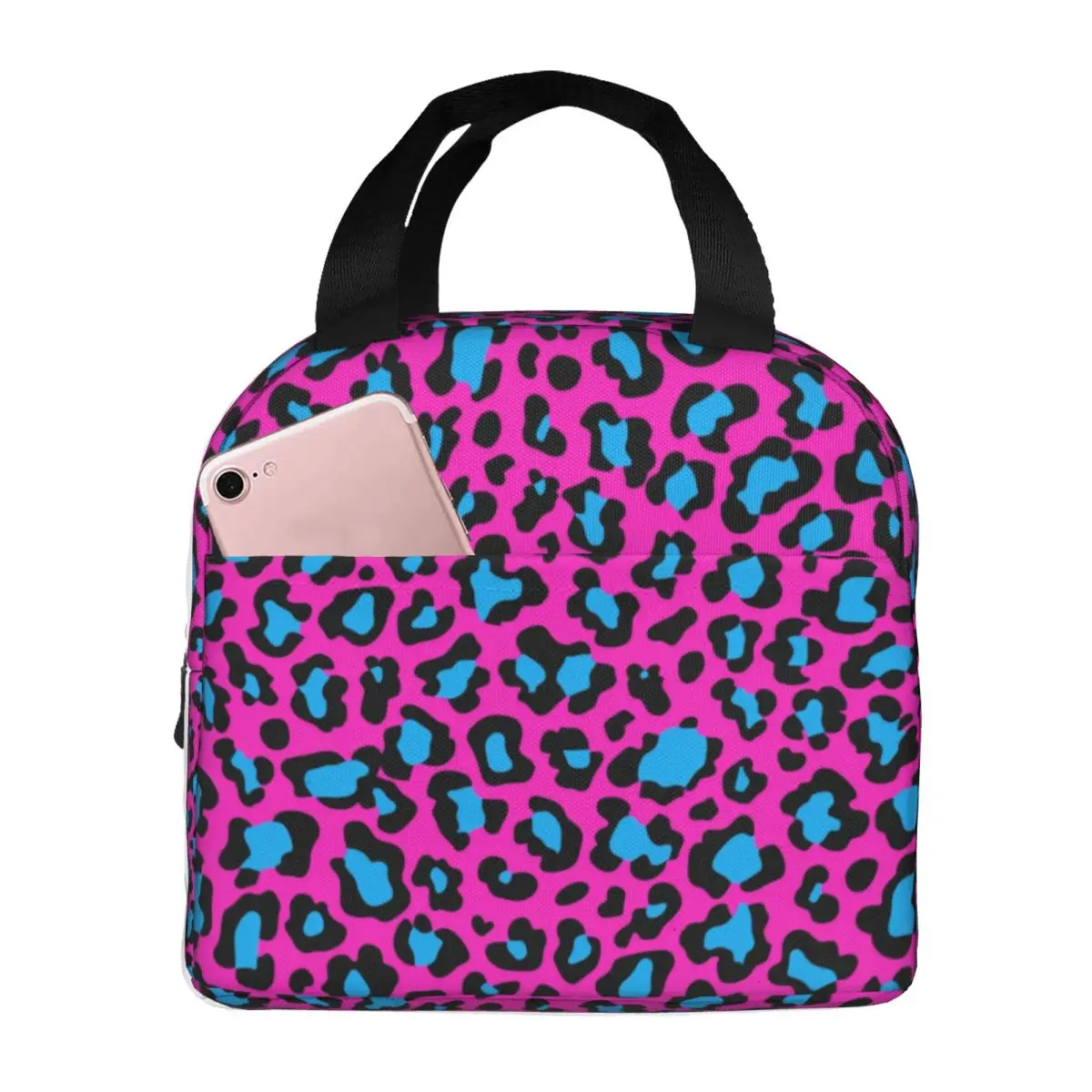 Neon Pink And Light Blue Leopard Print Insulated Lunch Bag for Camping Travel Waterproof Cooler Thermal Bento Box