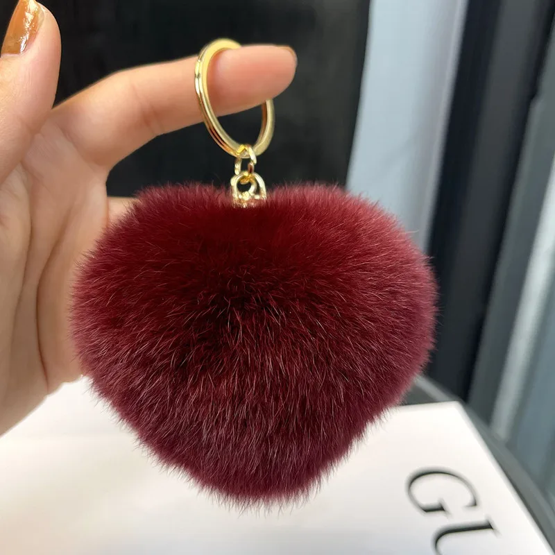 Real Rex Rabbit Hair Loving Heart Ball Keychains PomPom Fur Pendant Keyring Metal Key Chains Rings Bag Charm For Women Jewelry