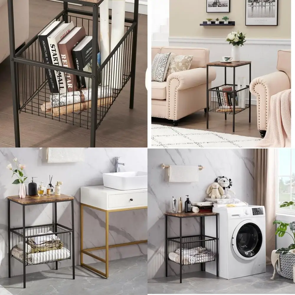 

Высокий столик и тумбочка с металлической корзиной и органайзером с полкой для хранения, подходит для спальни, гостиной и ванной комнаты
