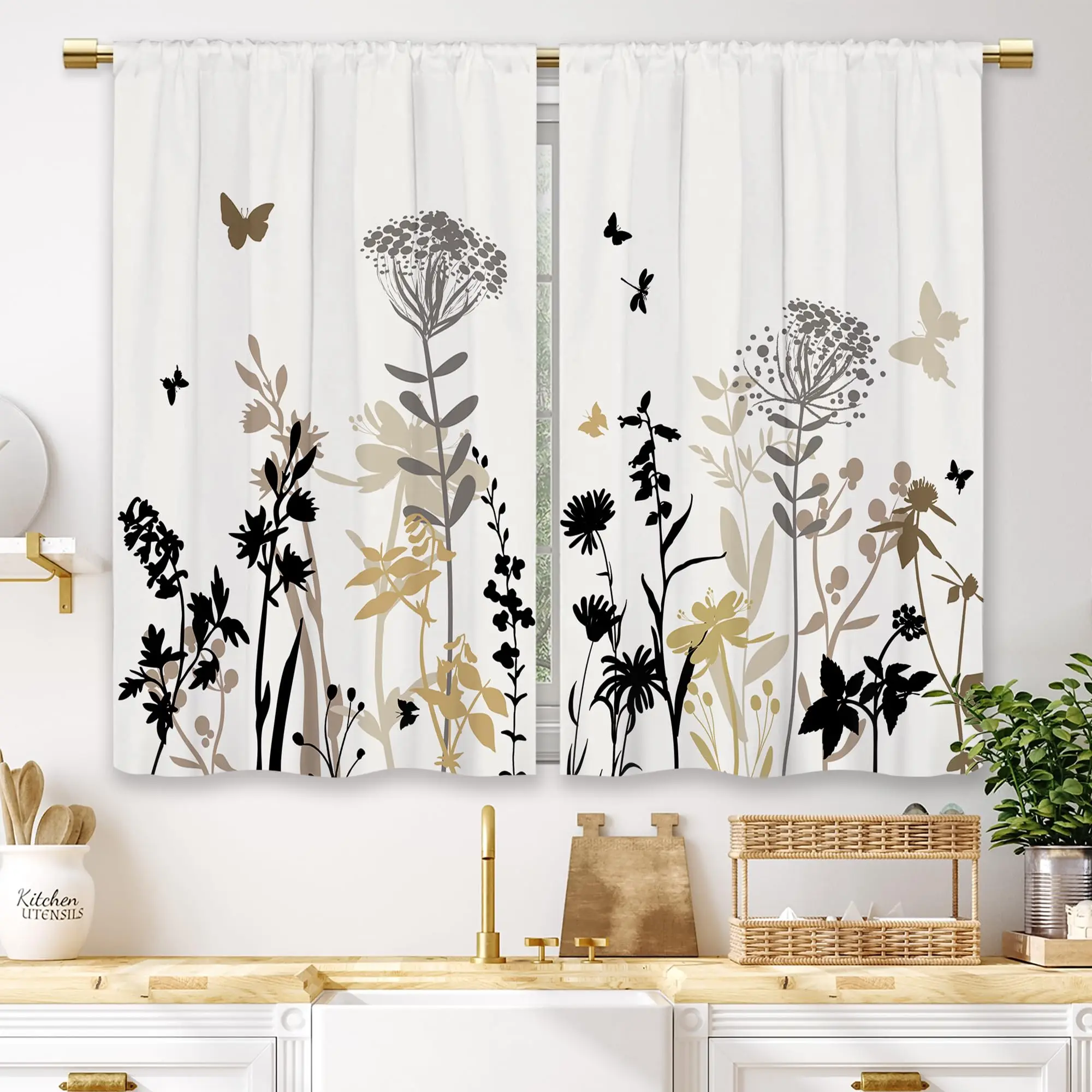 Beige Floral Kitchen Curtains Cafe Window Curtains Rustic Wildflower Plant Bathroom Drapes Treatment Tier Curtains 2 Panels  ﻿