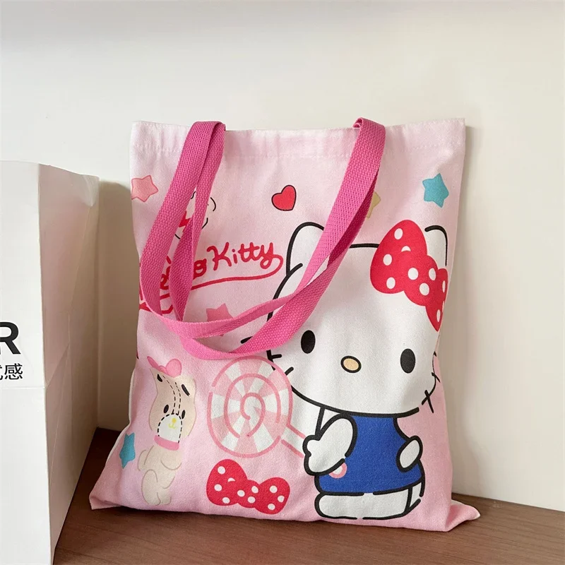 

Kawaii Sanrio Hello Kitty Canvas Bag Kuromi Cinnamoroll Pochacco Womens Shoulder Bags Casual Large Capacity Shopping Bag