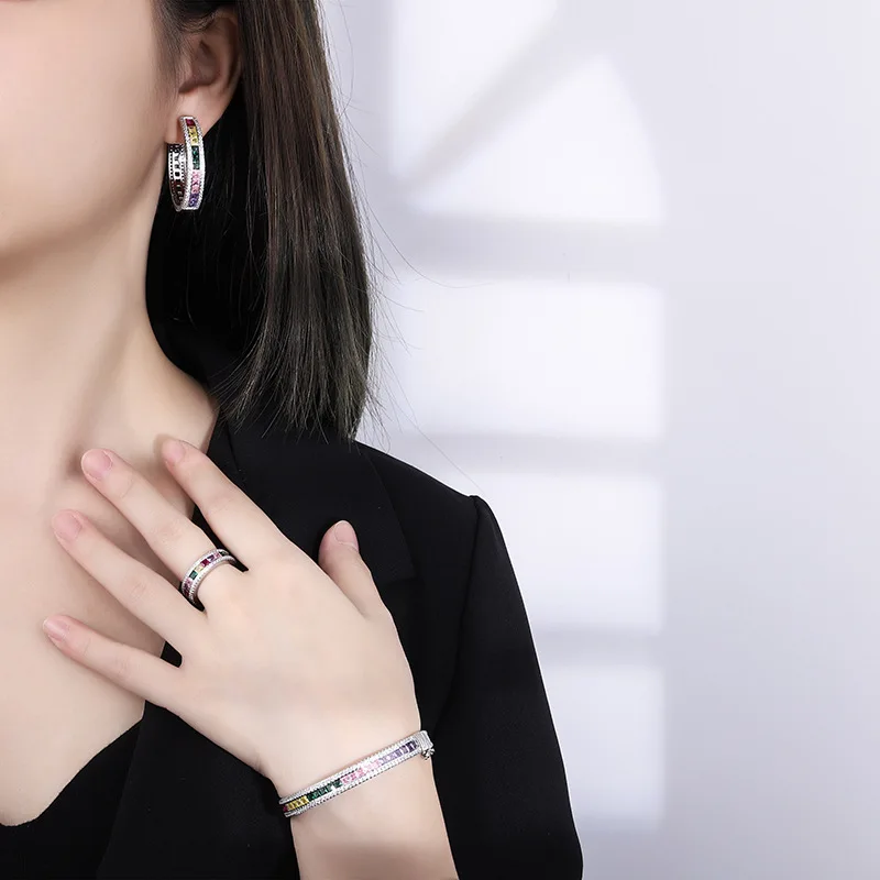 High Quality AAA Cubic Zirconia Luxurious Colorful Gemstone Wide Version Bangle Pink Crystal Earrings Ring Set for Women Jewelry