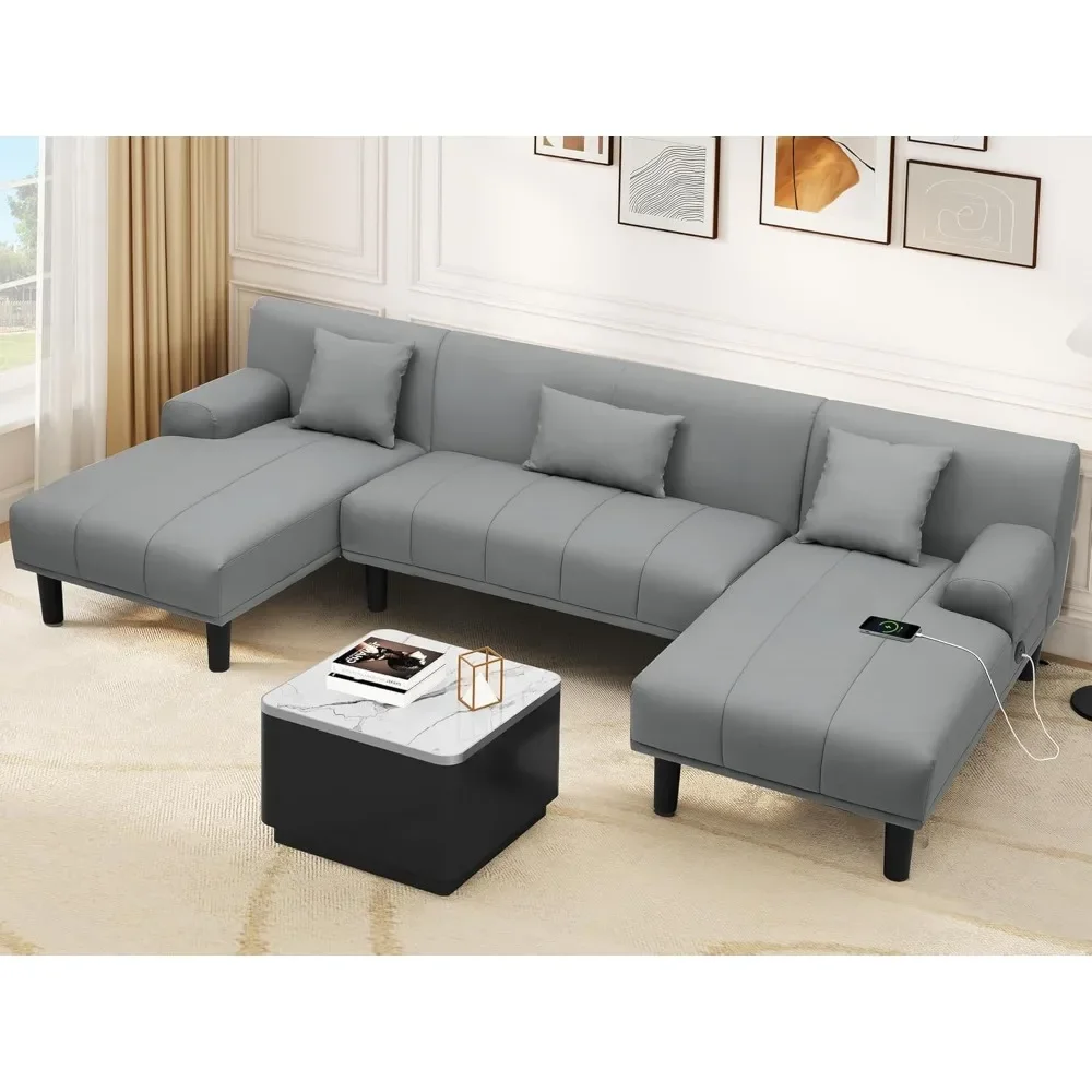 Living room segmented sofa, U-shaped sofa, faux leather modern modular sofa, with USB and C-type charging ports