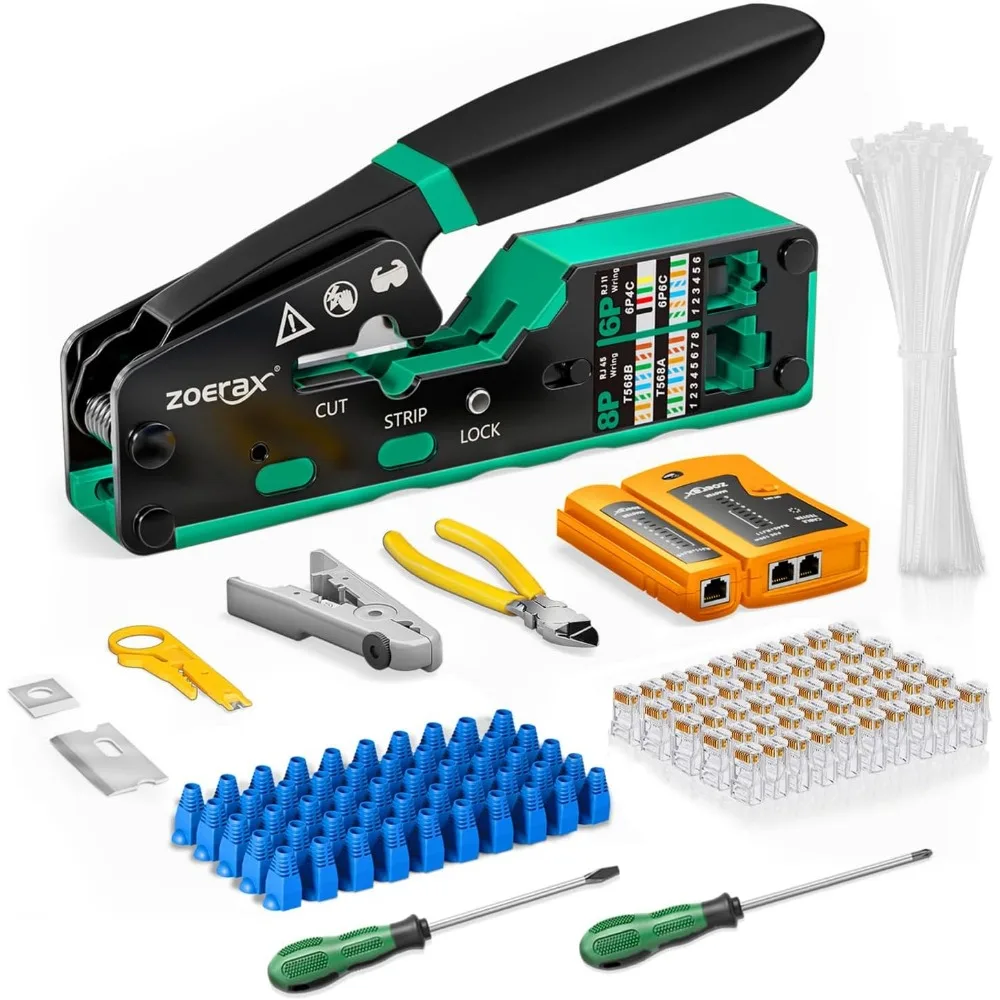 

Ethernet Crimping Tool Kit with RJ45 Cat5 Cat6 Pass Through Connectors, Stripper, and Strain Relief Boots