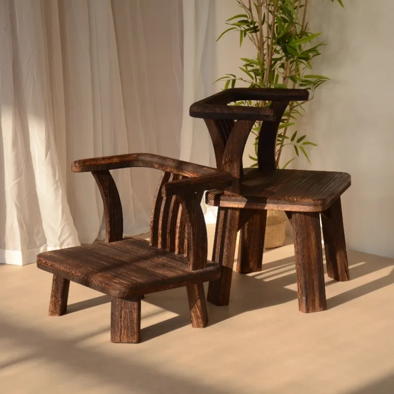 Solid Wood Chinese Vintage  Chair Zen Courtyard Stool with Round Backrest & Oriental Tea Ceremony Seating for Balcony