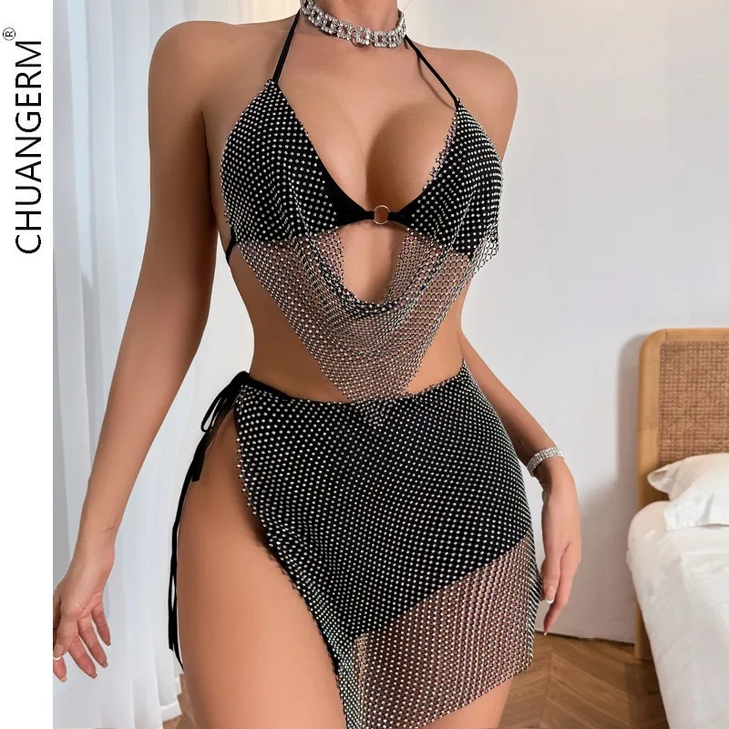 

CHUANGERM Sexy Lingerie Women Underwear Set Fancy Diamond Strap Halter Neck Onlyfan Body Suit Female Ligeries Erotic Intimates