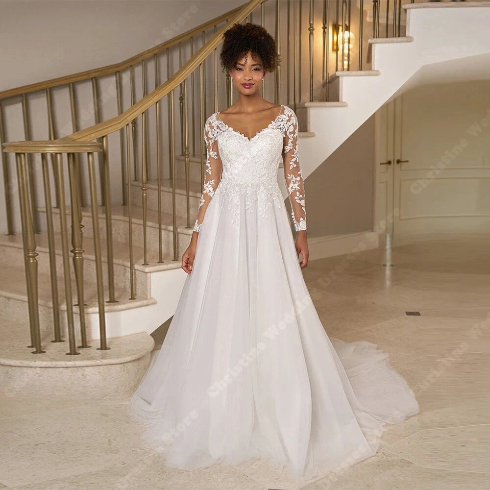 

Elegant Women Wedding Dresses Sexy Lace Sleeves A-Line Bride Gown Mopping Length Princess Banquet Vestidos De Novias Customized