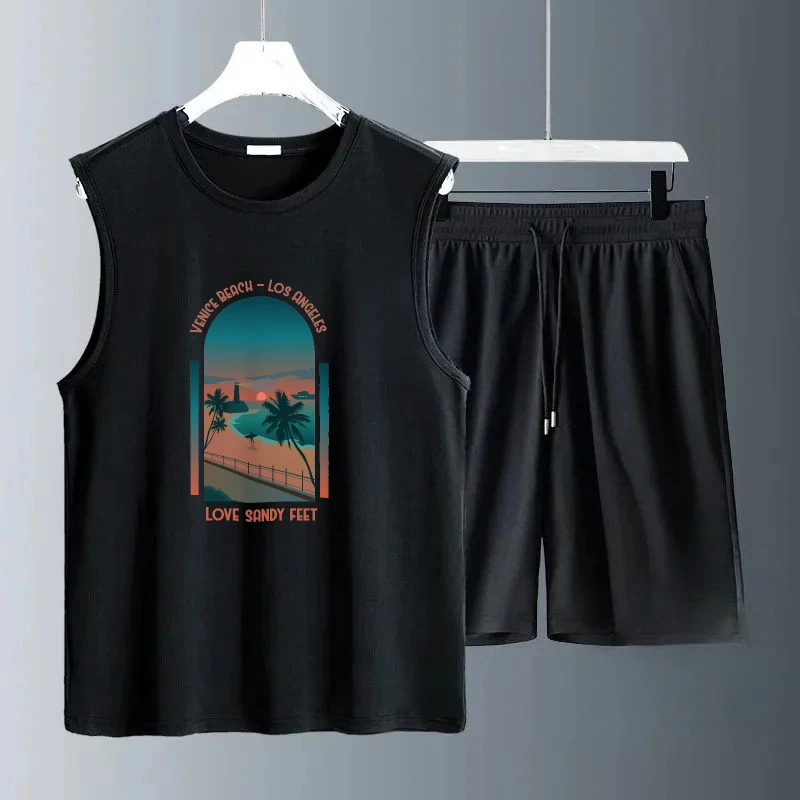 

2025 Men's Summer Casual Sets Hailan Bay Print Sleeveless Daily Wear Lightweight Comfortable Fashionable luxury men's clothing